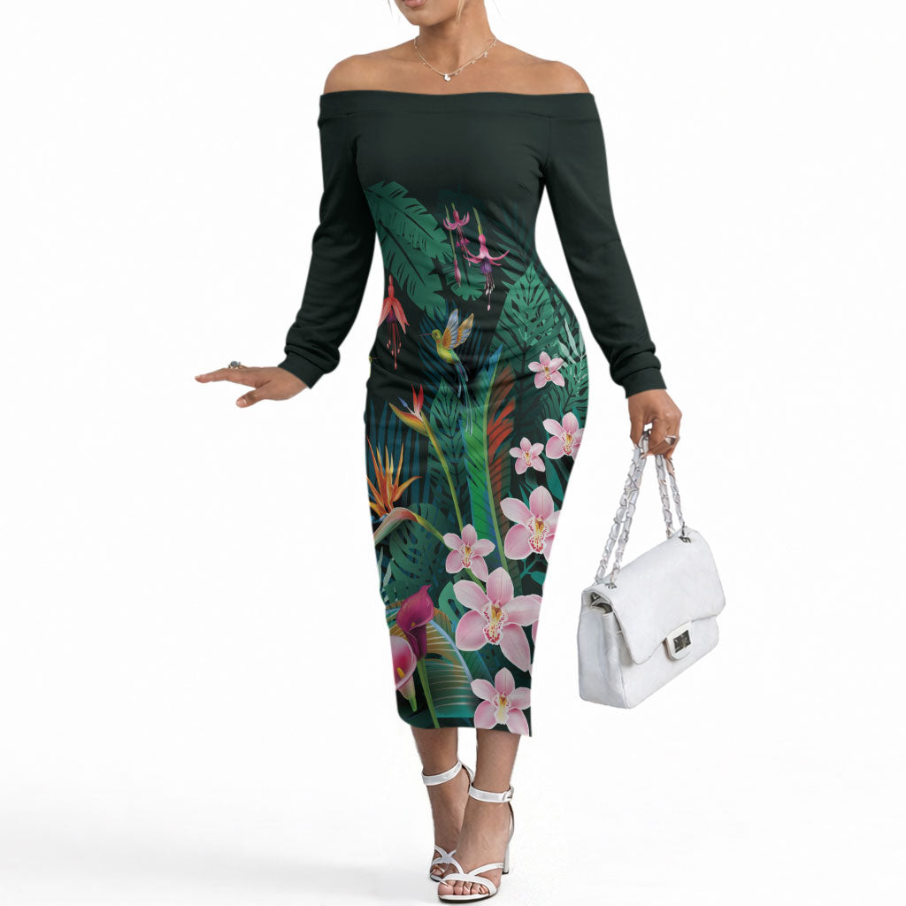 Hawaii Hummingbird Tropical Flowers Off The Shoulder Long Sleeve Dress Dark Green
