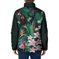 Hawaii Hummingbird Tropical Flowers Padded Jacket Dark Green
