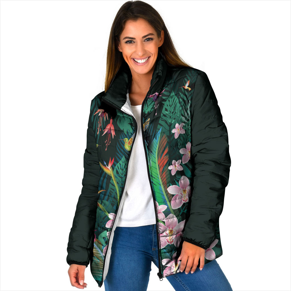 Hawaii Hummingbird Tropical Flowers Padded Jacket Dark Green