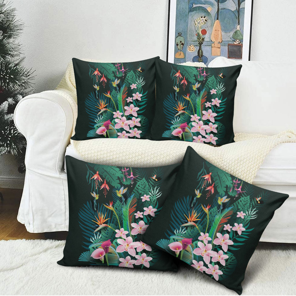 Hawaii Hummingbird Tropical Flowers Pillow Cover Dark Green