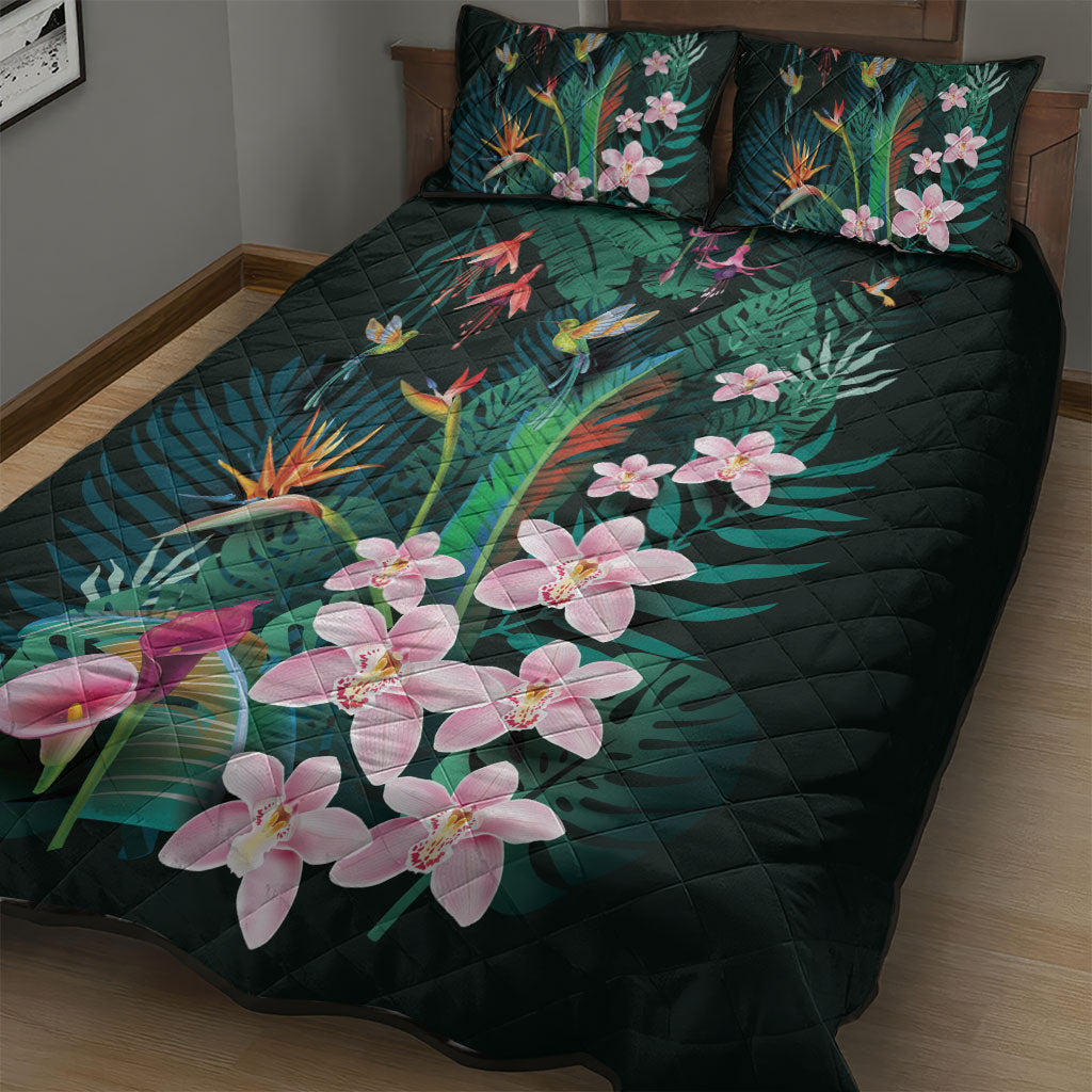 Hawaii Hummingbird Tropical Flowers Quilt Bed Set Dark Green