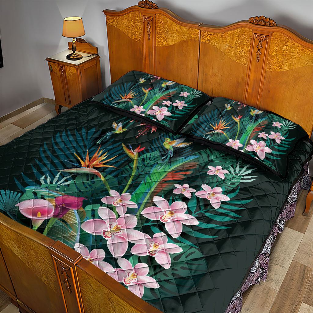 Hawaii Hummingbird Tropical Flowers Quilt Bed Set Dark Green