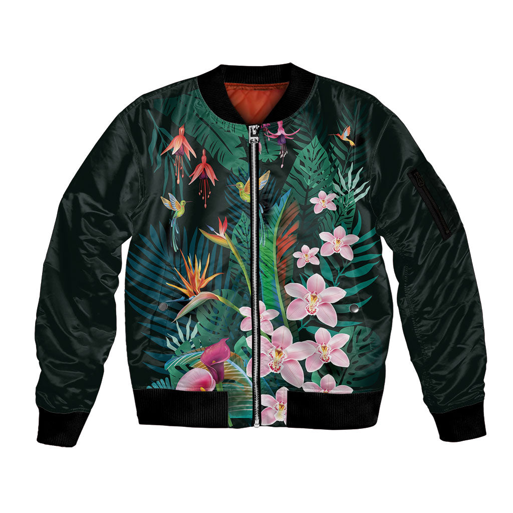 Hawaii Hummingbird Tropical Flowers Sleeve Zip Bomber Jacket Dark Green LT01 Unisex Green - Polynesian Pride