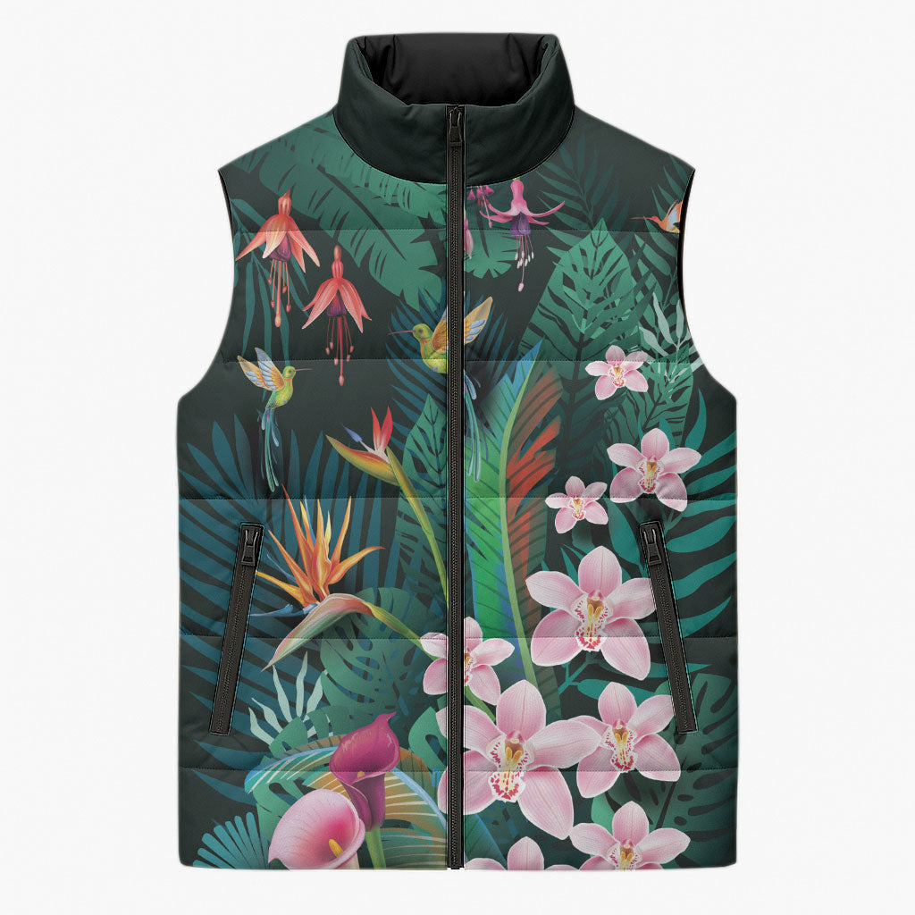 Hawaii Hummingbird Tropical Flowers Sleeveless Puffer Jacket Dark Green LT01 Unisex Green - Polynesian Pride