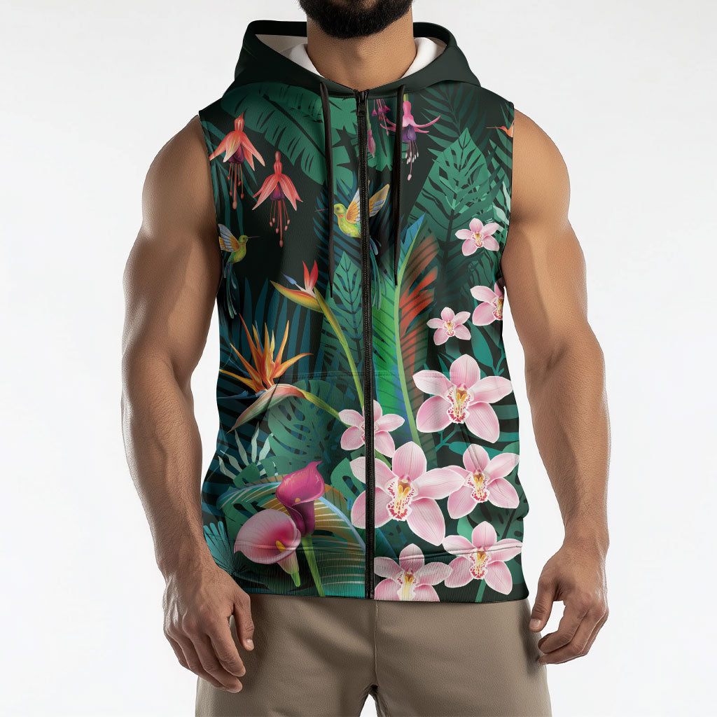 Hawaii Hummingbird Tropical Flowers Sleeveless Zip Hoodie Dark Green