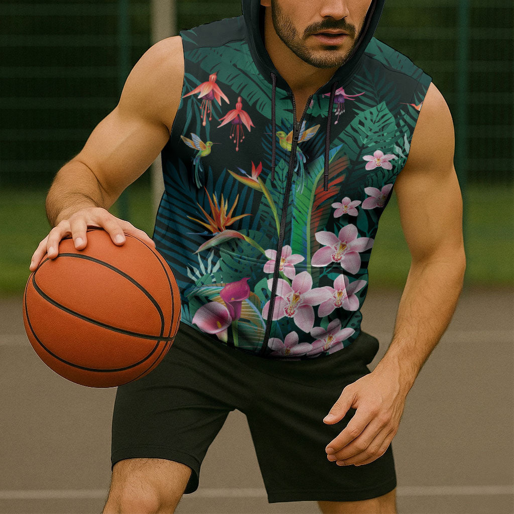 Hawaii Hummingbird Tropical Flowers Sleeveless Zip Hoodie Dark Green