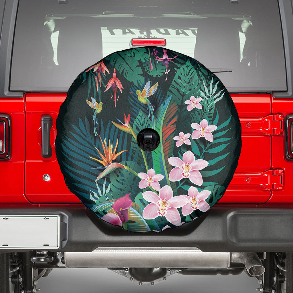 Hawaii Hummingbird Tropical Flowers Spare Tire Cover Dark Green