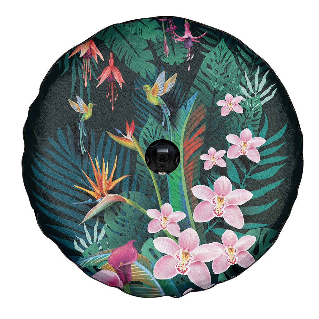Hawaii Hummingbird Tropical Flowers Spare Tire Cover Dark Green
