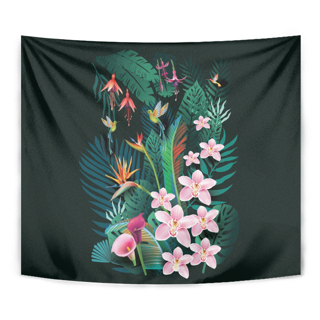 Hawaii Hummingbird Tropical Flowers Tapestry Dark Green