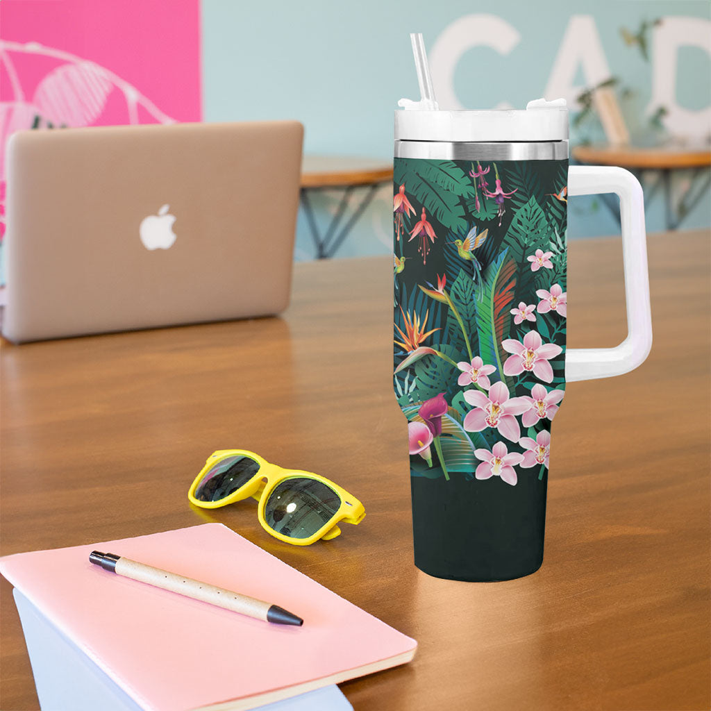 Hawaii Hummingbird Tropical Flowers Tumbler With Handle Dark Green