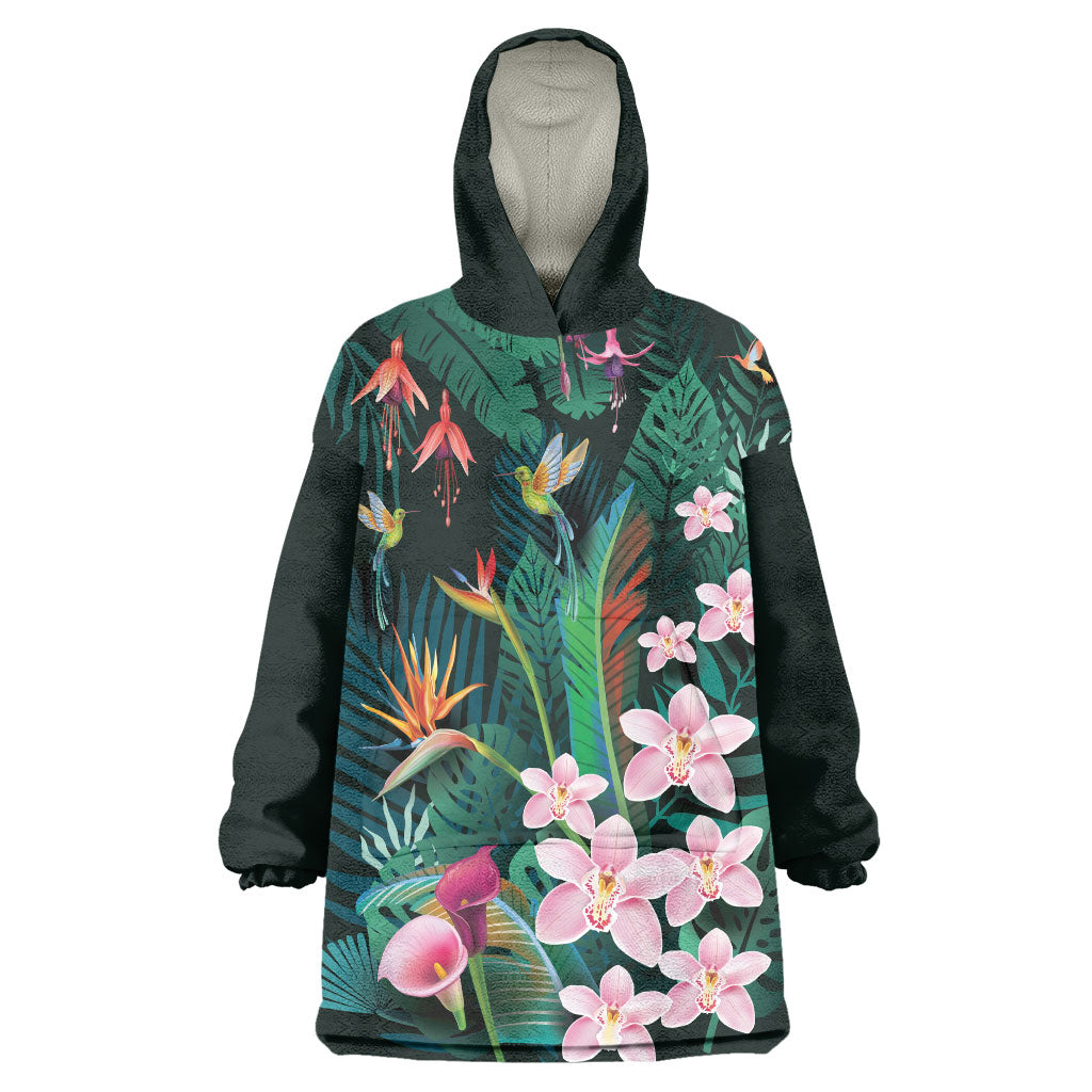 Hawaii Hummingbird Tropical Flowers Wearable Blanket Hoodie Dark Green