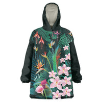Hawaii Hummingbird Tropical Flowers Wearable Blanket Hoodie Dark Green
