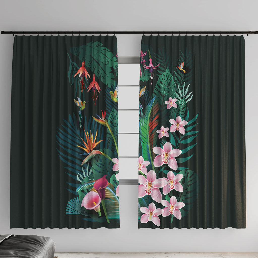 Hawaii Hummingbird Tropical Flowers Window Curtain Dark Green LT01 With Hooks Green - Polynesian Pride