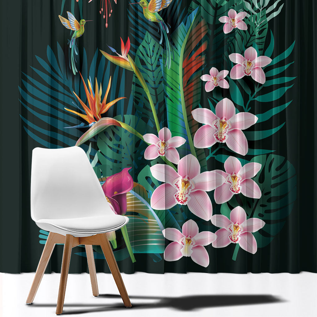 Hawaii Hummingbird Tropical Flowers Window Curtain Dark Green