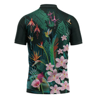 Hawaii Hummingbird Tropical Flowers Zipper Polo Shirt Dark Green