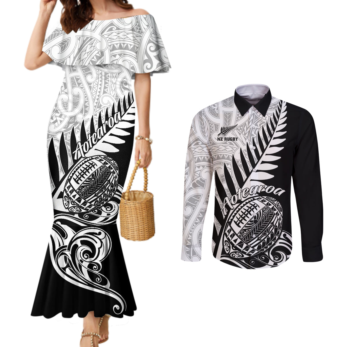 New Zealand Silver Fern Rugby Couples Matching Mermaid Dress and Long Sleeve Button Shirts Aotearoa Maori Black Version LT01 Black - Polynesian Pride