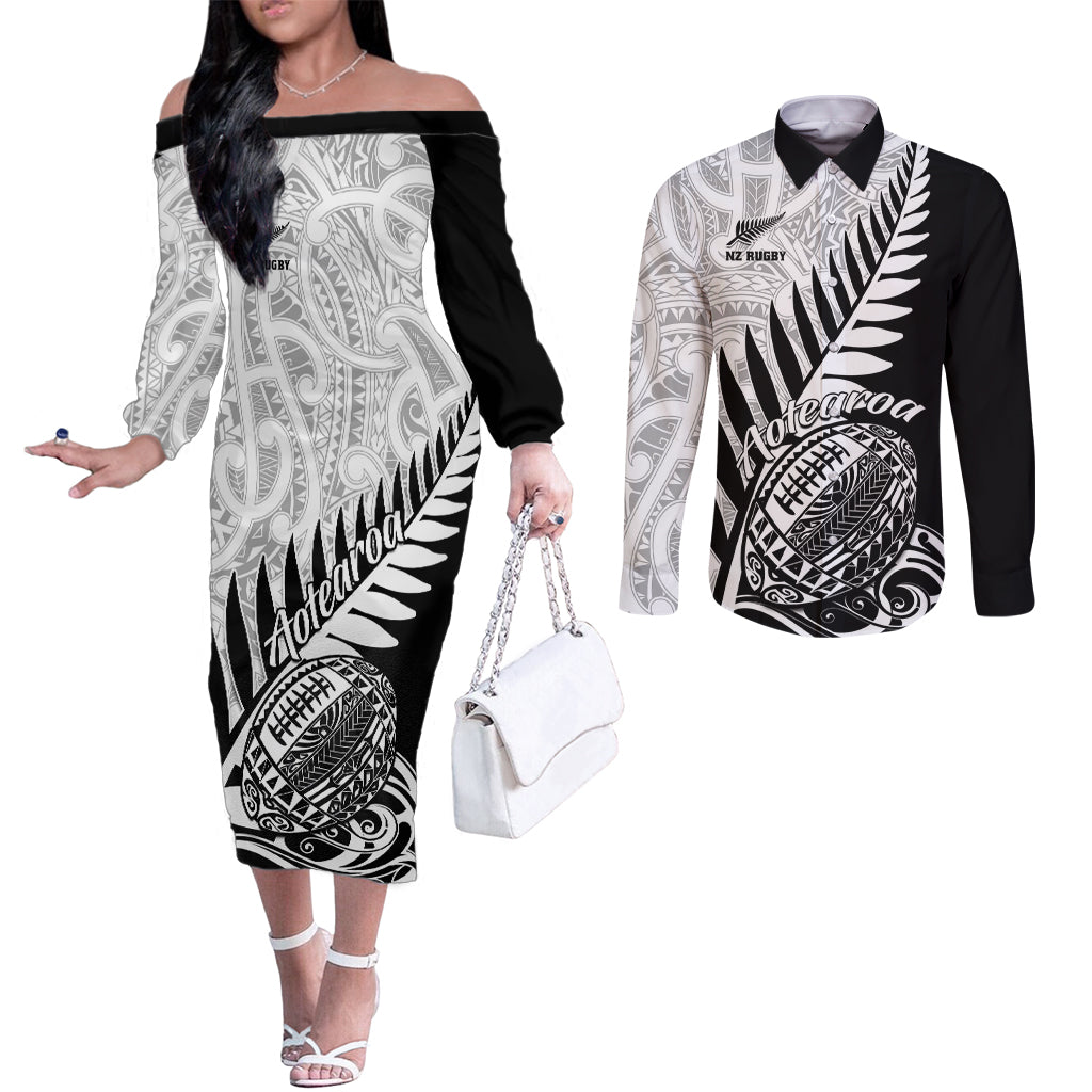 New Zealand Silver Fern Rugby Couples Matching Off The Shoulder Long Sleeve Dress and Long Sleeve Button Shirts Aotearoa Maori Black Version LT01 Black - Polynesian Pride