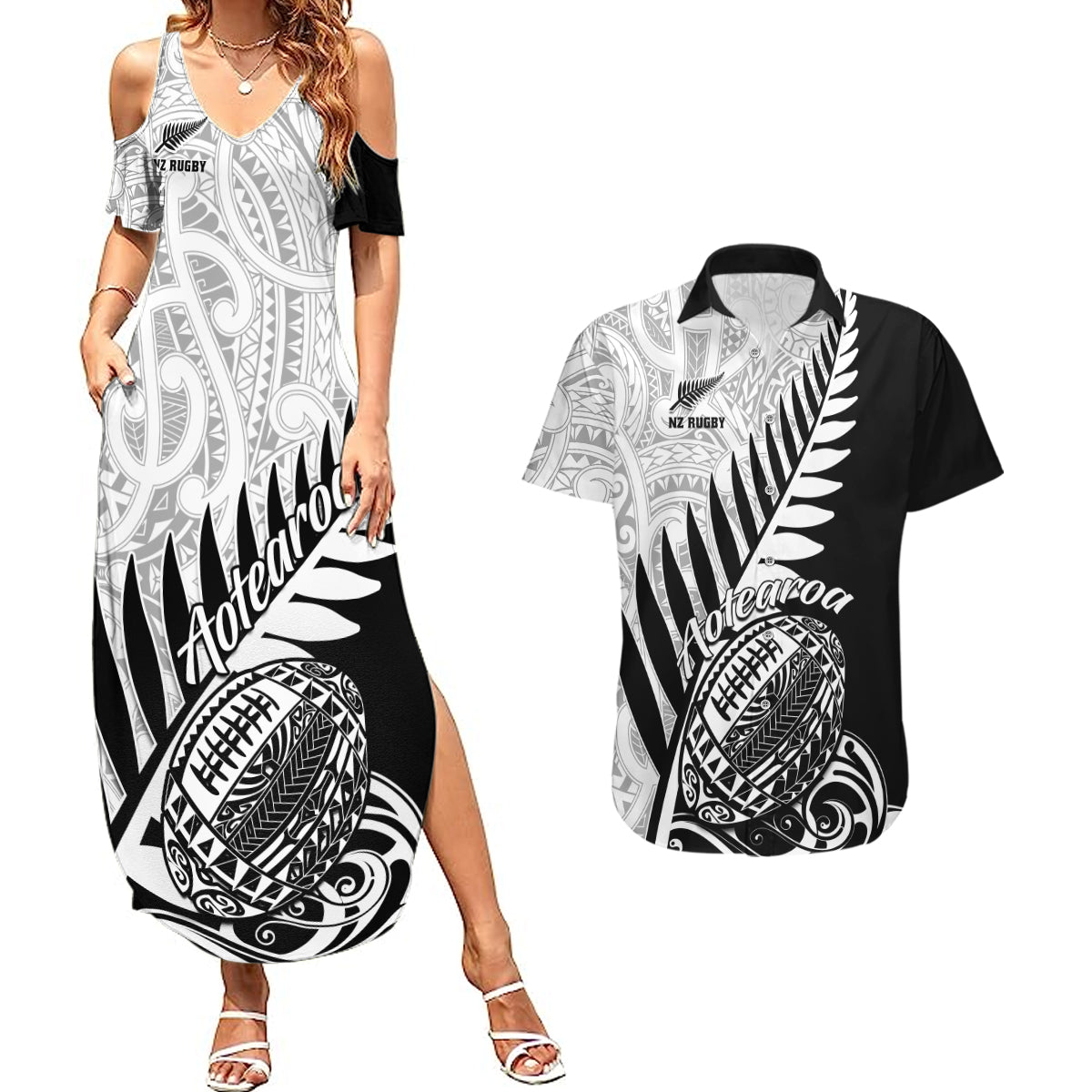 New Zealand Silver Fern Rugby Couples Matching Summer Maxi Dress and Hawaiian Shirt Aotearoa Maori Black Version LT01 Black - Polynesian Pride