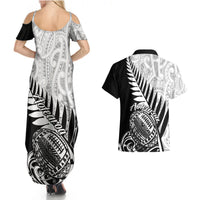 New Zealand Silver Fern Rugby Couples Matching Summer Maxi Dress and Hawaiian Shirt Aotearoa Maori Black Version LT01 - Polynesian Pride