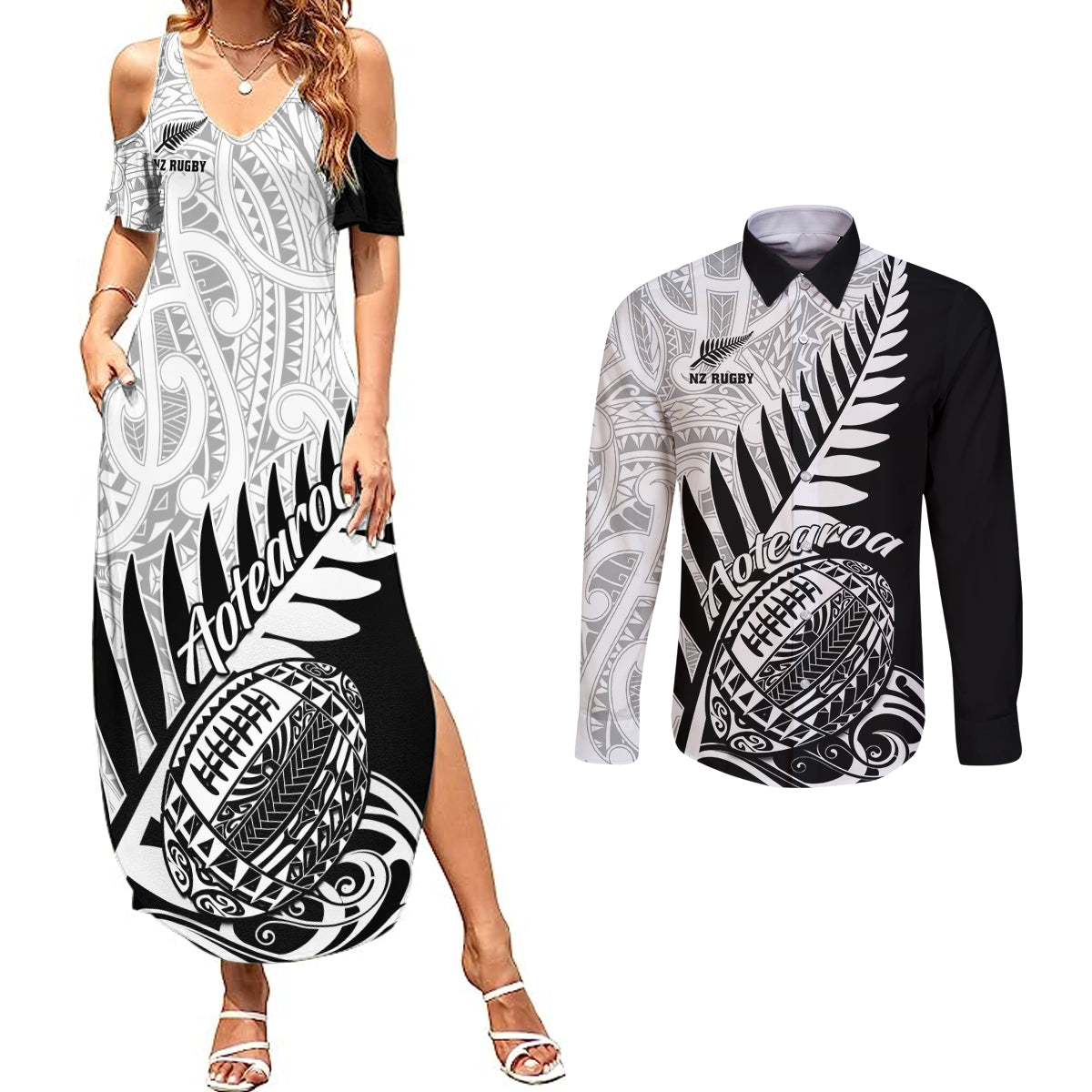 New Zealand Silver Fern Rugby Couples Matching Summer Maxi Dress and Long Sleeve Button Shirts Aotearoa Maori Black Version LT01 Black - Polynesian Pride