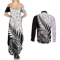 New Zealand Silver Fern Rugby Couples Matching Summer Maxi Dress and Long Sleeve Button Shirts Aotearoa Maori Black Version LT01 - Polynesian Pride