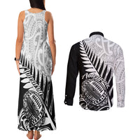 New Zealand Silver Fern Rugby Couples Matching Tank Maxi Dress and Long Sleeve Button Shirts Aotearoa Maori Black Version LT01 - Polynesian Pride