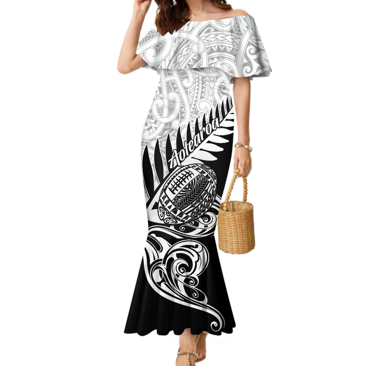 New Zealand Silver Fern Rugby Mermaid Dress Aotearoa Maori Black Version LT01 Women Black - Polynesian Pride