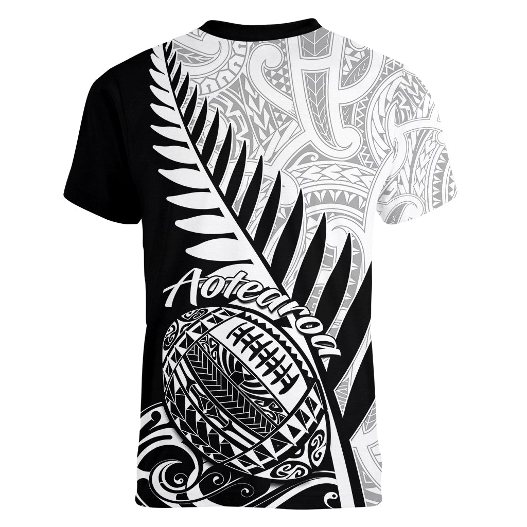 New Zealand Silver Fern Rugby Women V Neck T Shirt Aotearoa Maori Black Version LT01 - Polynesian Pride
