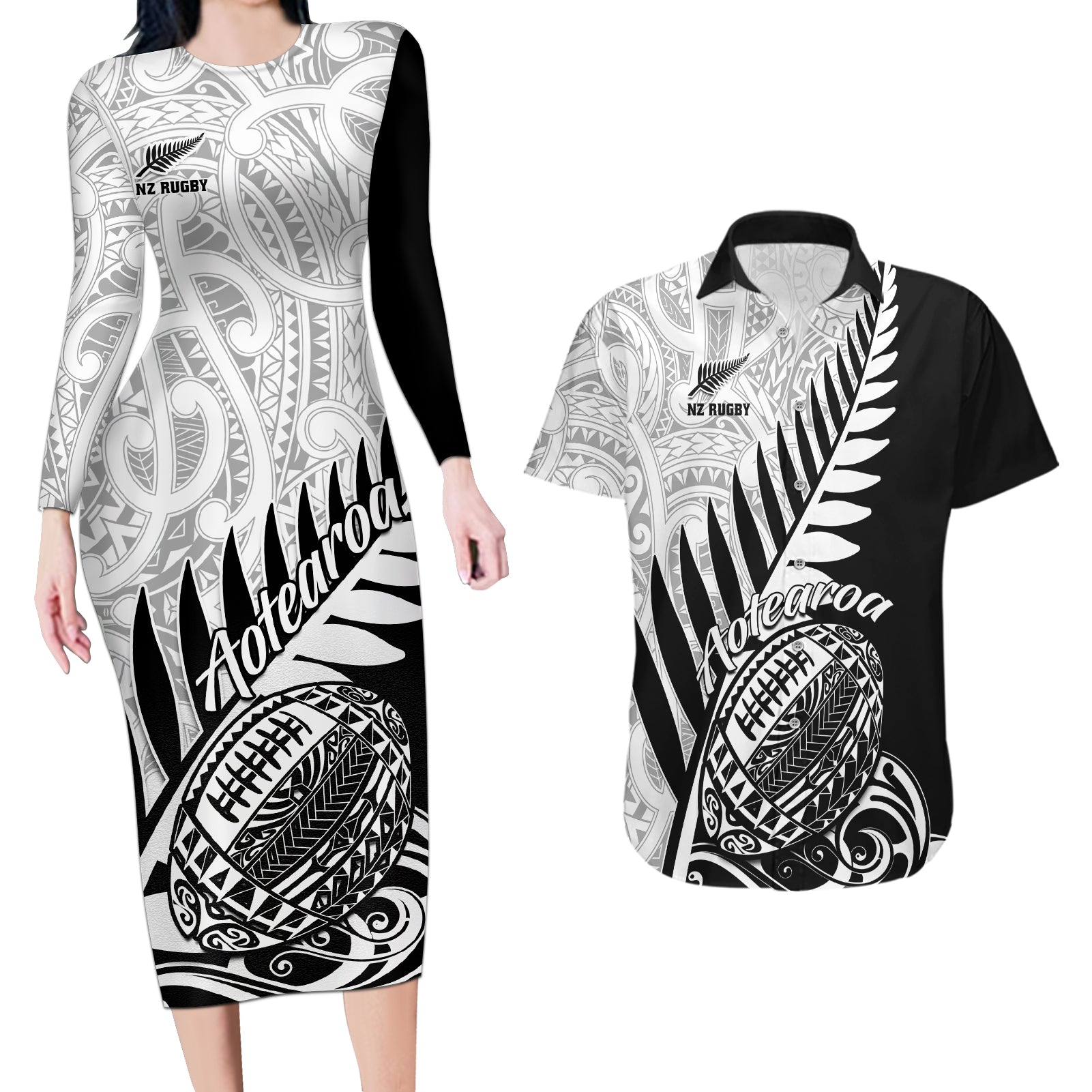 Custom New Zealand Silver Fern Rugby Couples Matching Long Sleeve Bodycon Dress and Hawaiian Shirt Aotearoa Maori Black Version LT01 Black - Polynesian Pride