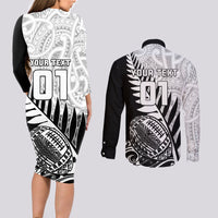 Custom New Zealand Silver Fern Rugby Couples Matching Long Sleeve Bodycon Dress and Long Sleeve Button Shirts Aotearoa Maori Black Version LT01 - Polynesian Pride