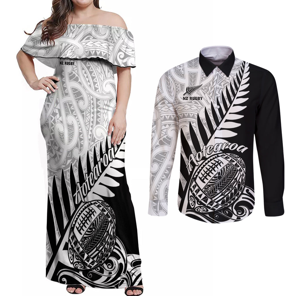 Custom New Zealand Silver Fern Rugby Couples Matching Off Shoulder Maxi Dress and Long Sleeve Button Shirts Aotearoa Maori Black Version LT01 Black - Polynesian Pride