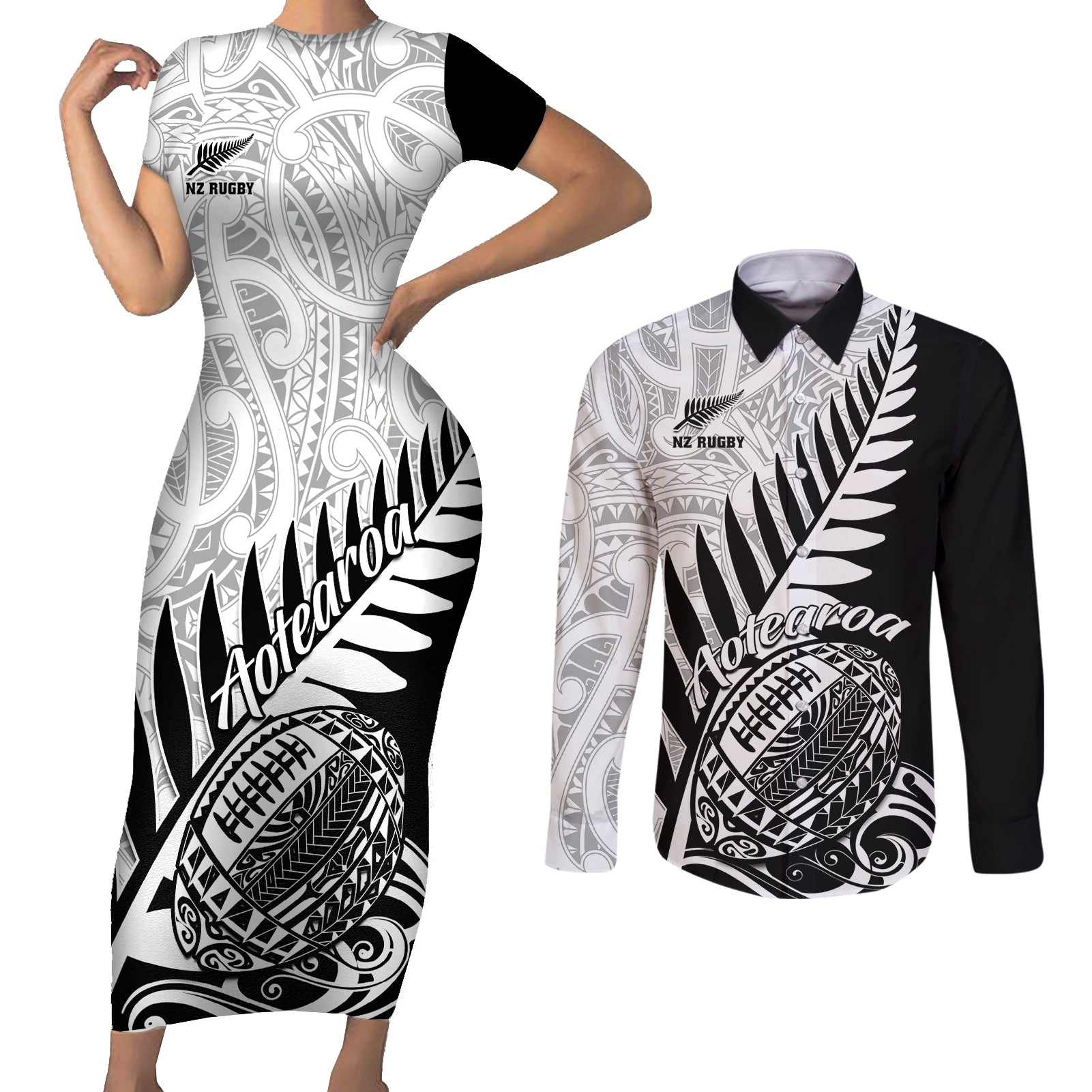 Custom New Zealand Silver Fern Rugby Couples Matching Short Sleeve Bodycon Dress and Long Sleeve Button Shirts Aotearoa Maori Black Version LT01 Black - Polynesian Pride