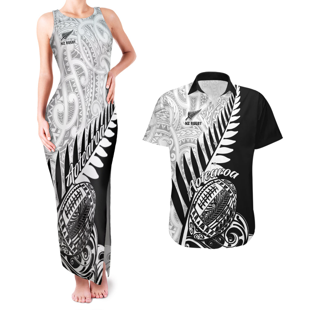 Custom New Zealand Silver Fern Rugby Couples Matching Tank Maxi Dress and Hawaiian Shirt Aotearoa Maori Black Version LT01 Black - Polynesian Pride