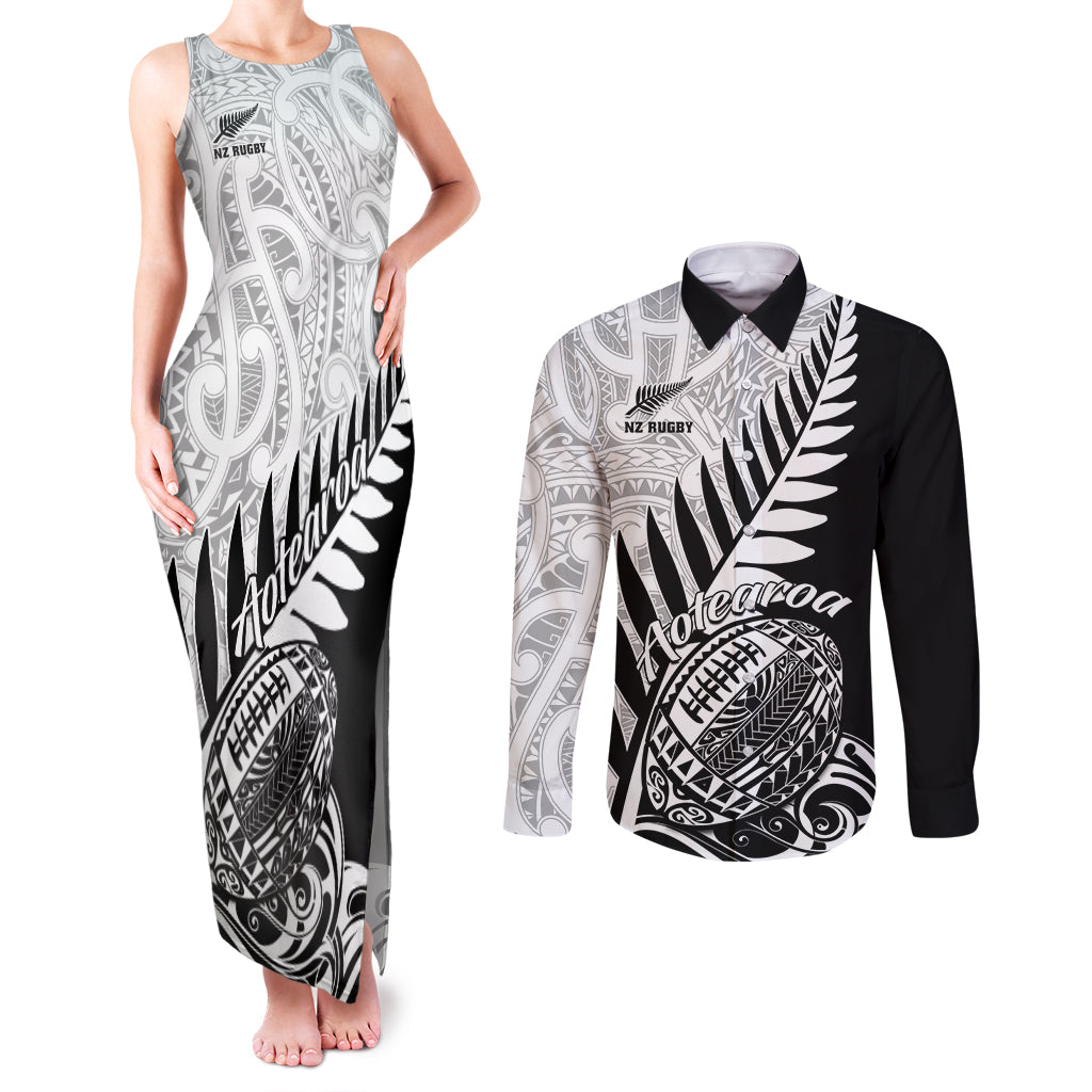 Custom New Zealand Silver Fern Rugby Couples Matching Tank Maxi Dress and Long Sleeve Button Shirts Aotearoa Maori Black Version LT01 Black - Polynesian Pride