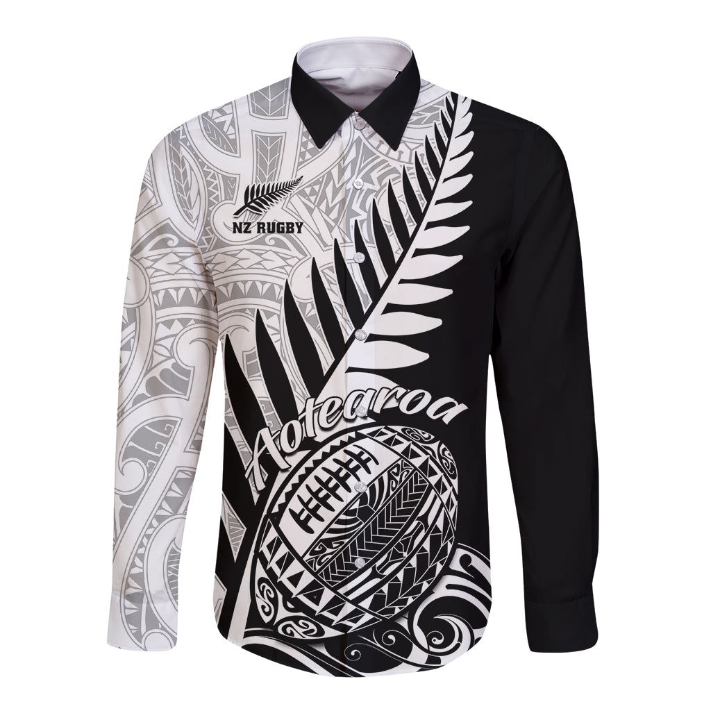 Custom New Zealand Silver Fern Rugby Long Sleeve Button Shirt Aotearoa Maori Black Version LT01 Unisex Black - Polynesian Pride