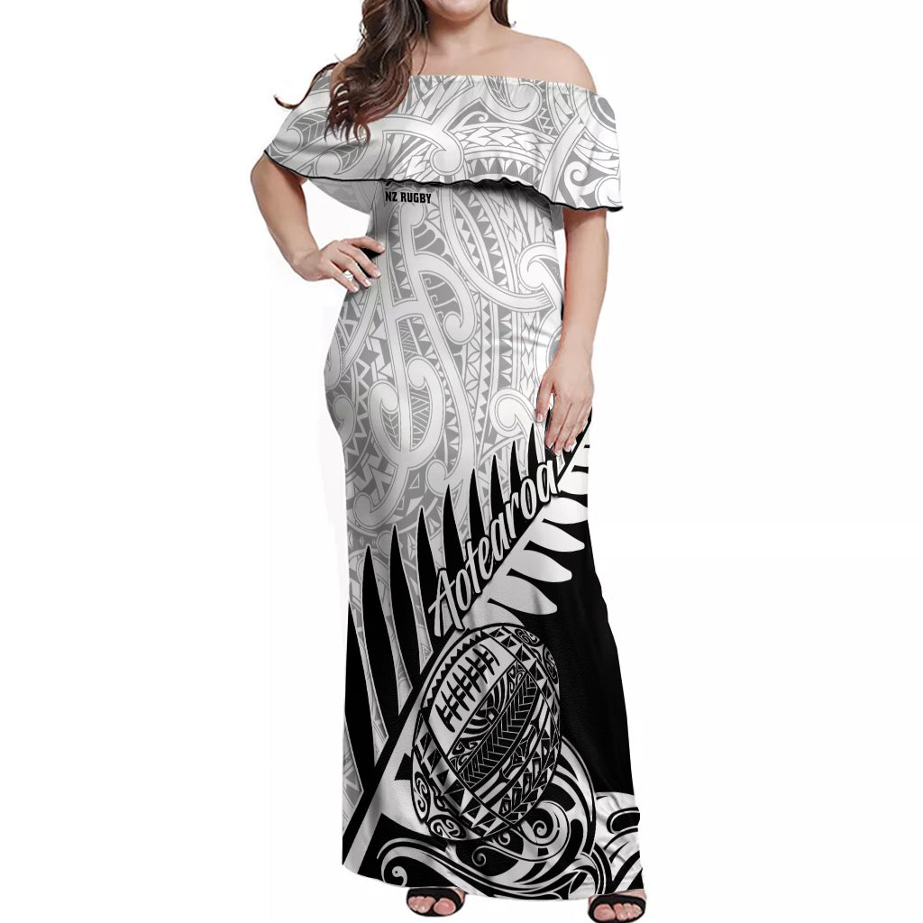 Custom New Zealand Silver Fern Rugby Off Shoulder Maxi Dress Aotearoa Maori Black Version LT01 Women Black - Polynesian Pride