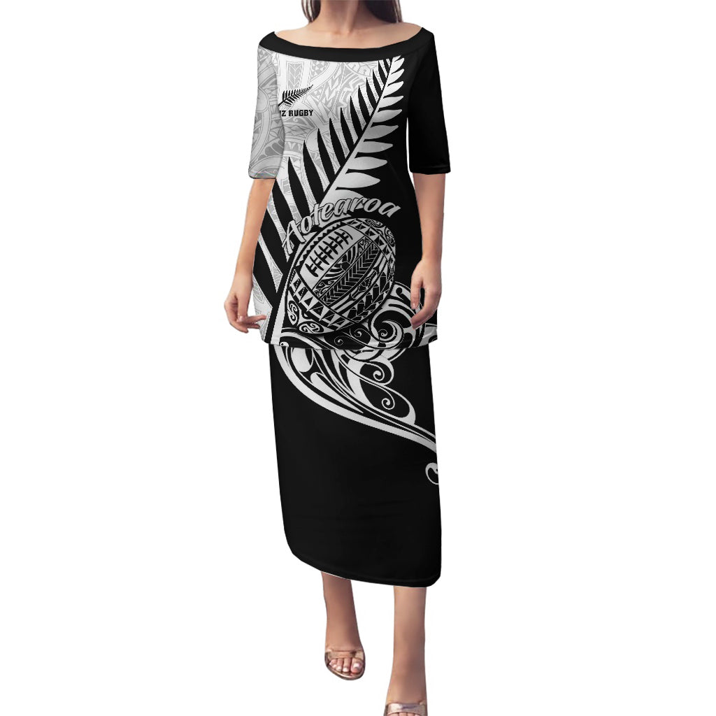 Custom New Zealand Silver Fern Rugby Puletasi Aotearoa Maori Black Version LT01 Long Dress Black - Polynesian Pride