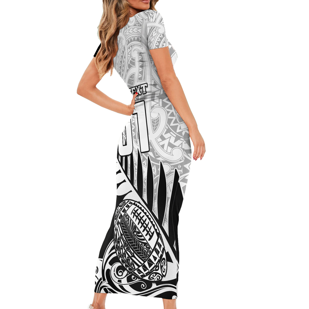 Custom New Zealand Silver Fern Rugby Short Sleeve Bodycon Dress Aotearoa Maori Black Version LT01 - Polynesian Pride