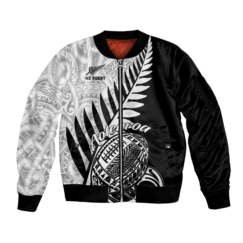 Custom New Zealand Silver Fern Rugby Sleeve Zip Bomber Jacket Aotearoa Maori Black Version LT01 Unisex Black - Polynesian Pride