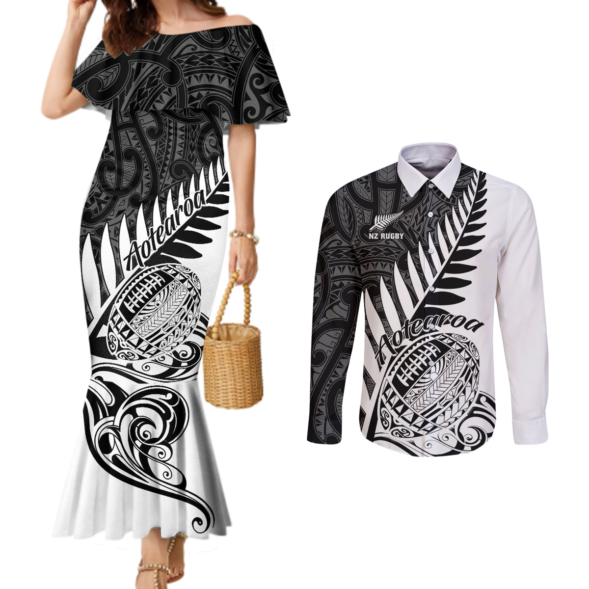 New Zealand Silver Fern Rugby Couples Matching Mermaid Dress and Long Sleeve Button Shirts Aotearoa Maori White Version LT01 White - Polynesian Pride