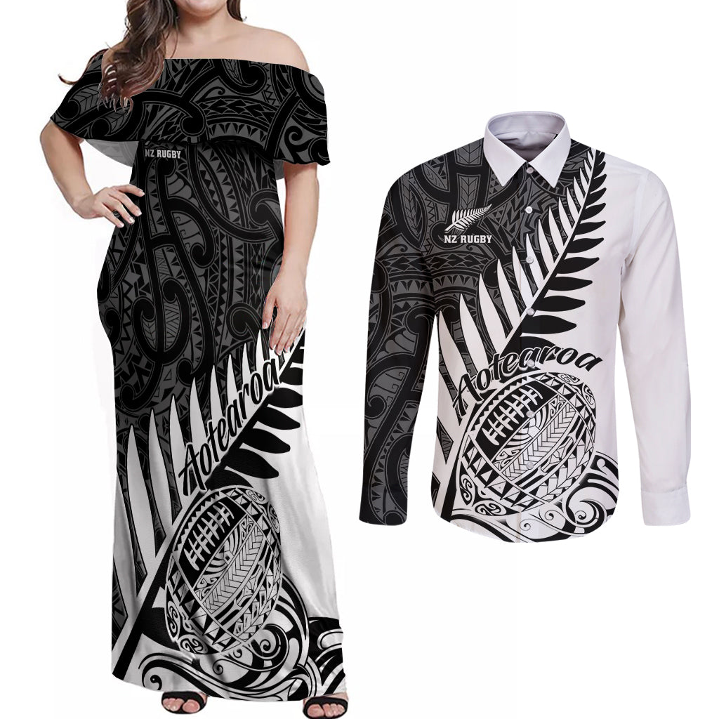 New Zealand Silver Fern Rugby Couples Matching Off Shoulder Maxi Dress and Long Sleeve Button Shirts Aotearoa Maori White Version LT01 White - Polynesian Pride