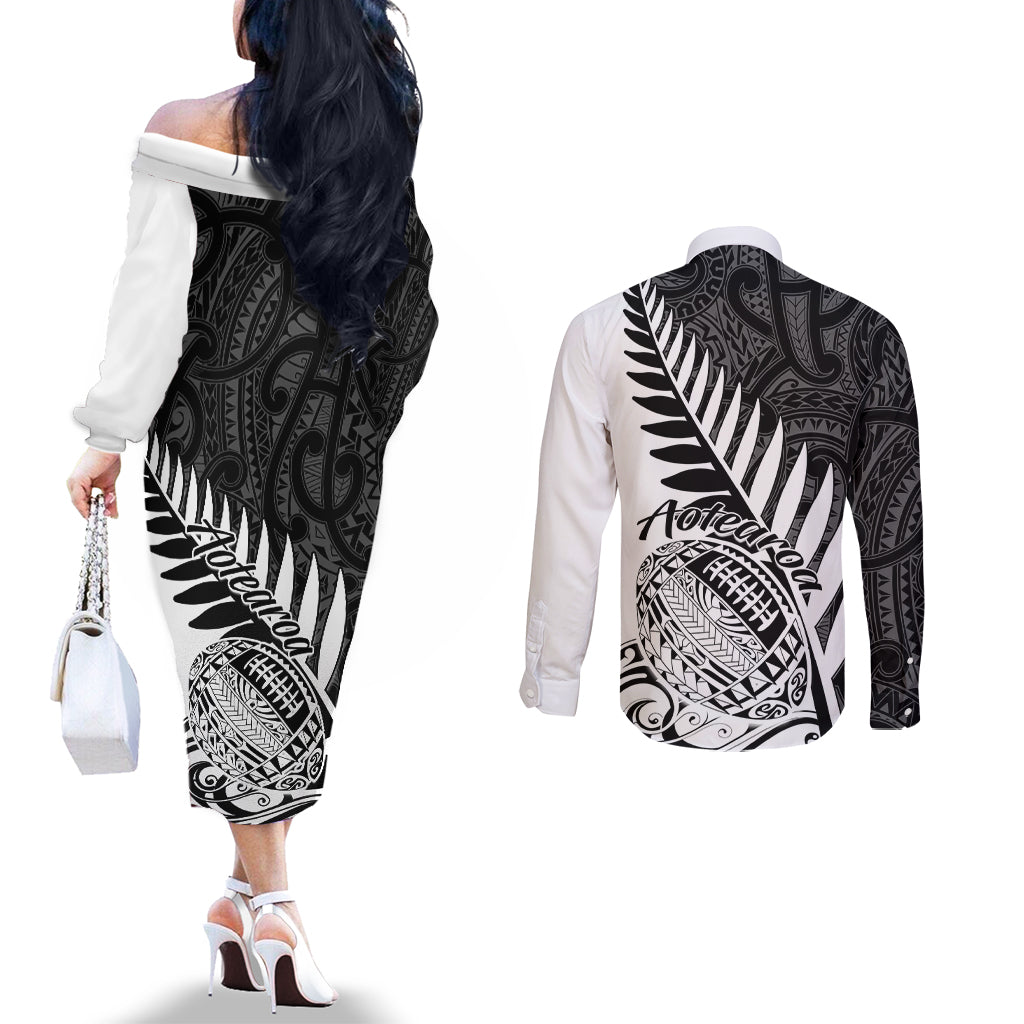 New Zealand Silver Fern Rugby Couples Matching Off The Shoulder Long Sleeve Dress and Long Sleeve Button Shirts Aotearoa Maori White Version LT01 - Polynesian Pride