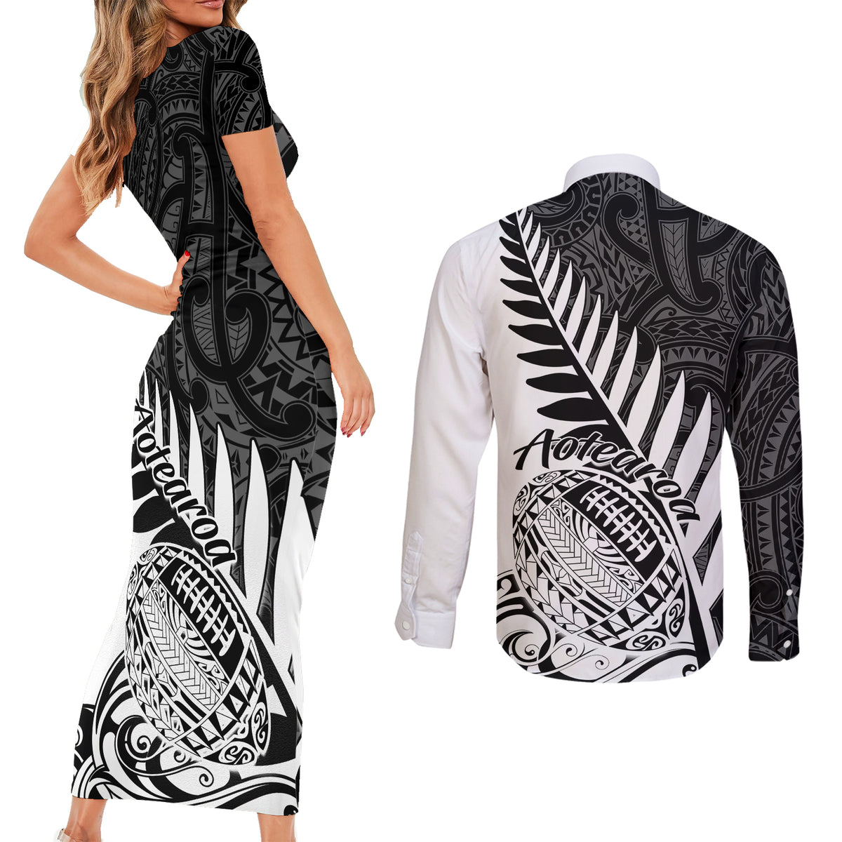 New Zealand Silver Fern Rugby Couples Matching Short Sleeve Bodycon Dress and Long Sleeve Button Shirts Aotearoa Maori White Version LT01 - Polynesian Pride