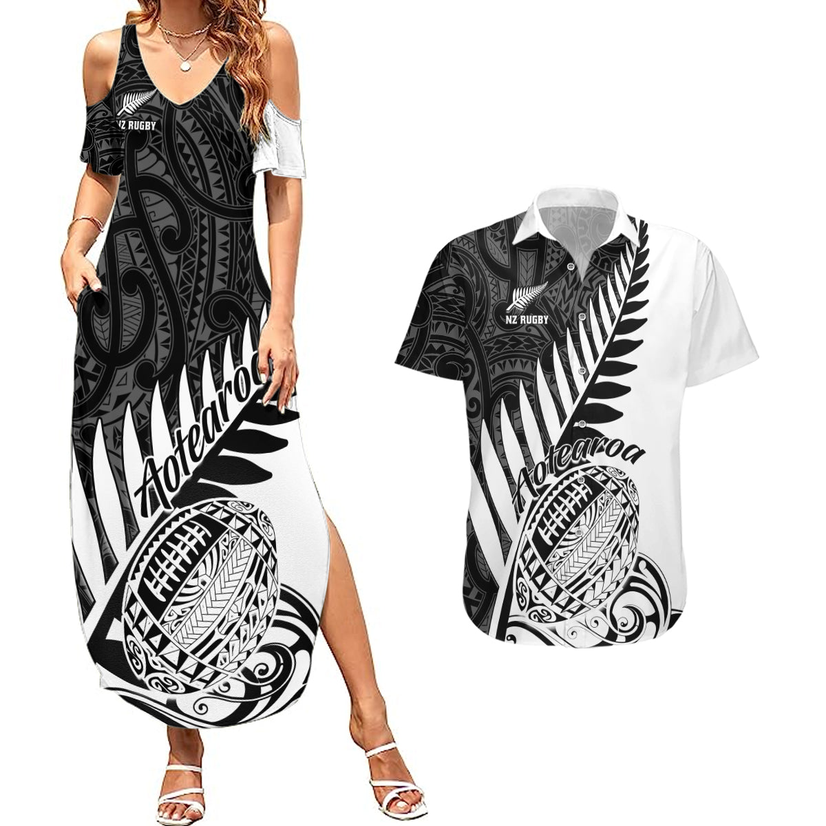 New Zealand Silver Fern Rugby Couples Matching Summer Maxi Dress and Hawaiian Shirt Aotearoa Maori White Version LT01 White - Polynesian Pride