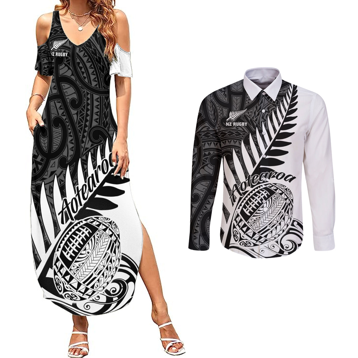 New Zealand Silver Fern Rugby Couples Matching Summer Maxi Dress and Long Sleeve Button Shirts Aotearoa Maori White Version LT01 White - Polynesian Pride