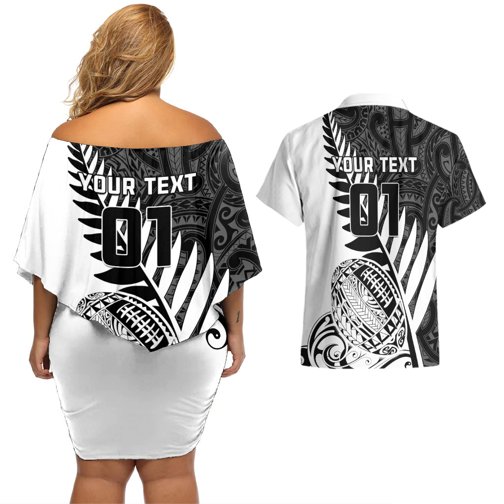 Custom New Zealand Silver Fern Rugby Couples Matching Off Shoulder Short Dress and Hawaiian Shirt Aotearoa Maori White Version LT01 - Polynesian Pride