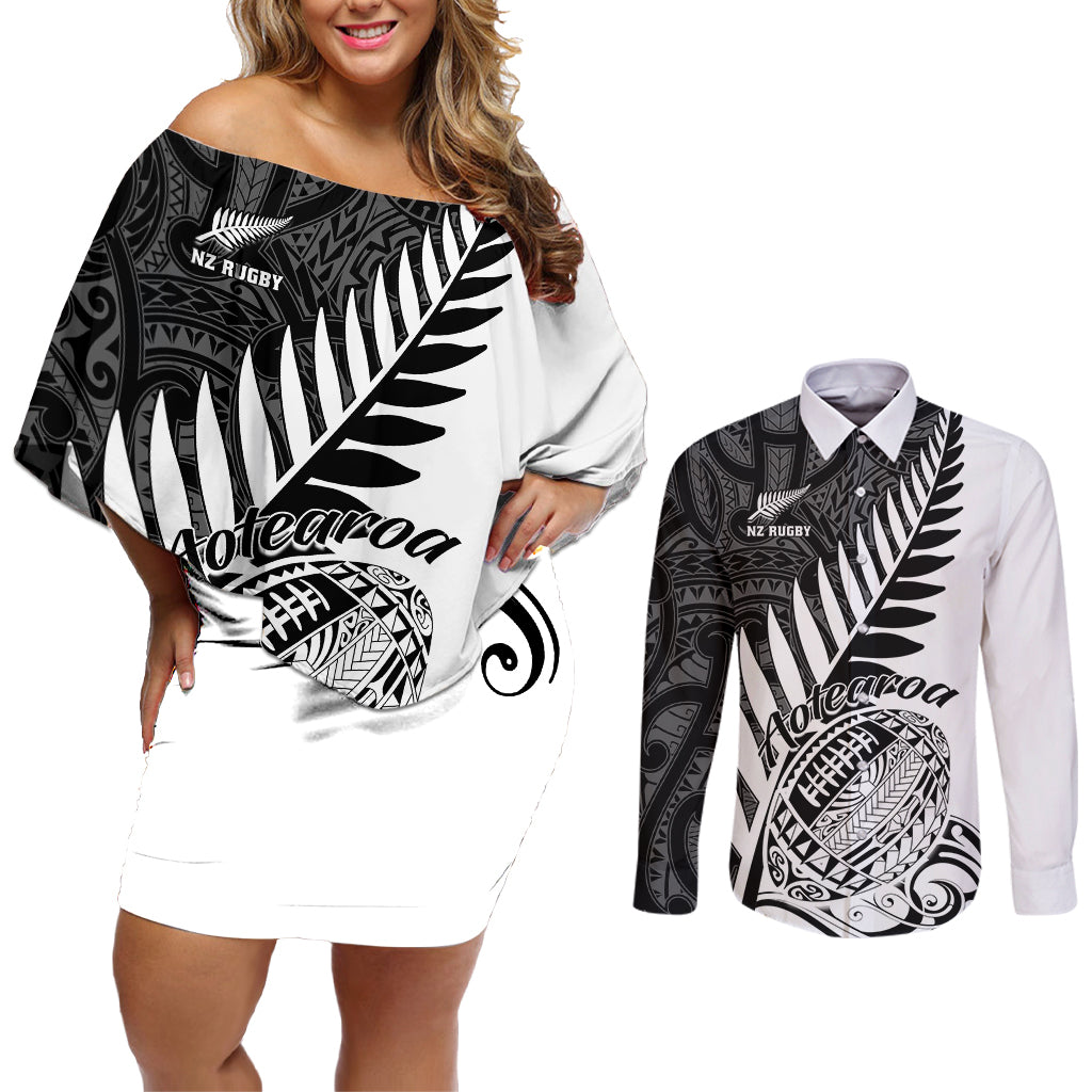 Custom New Zealand Silver Fern Rugby Couples Matching Off Shoulder Short Dress and Long Sleeve Button Shirts Aotearoa Maori White Version LT01 White - Polynesian Pride