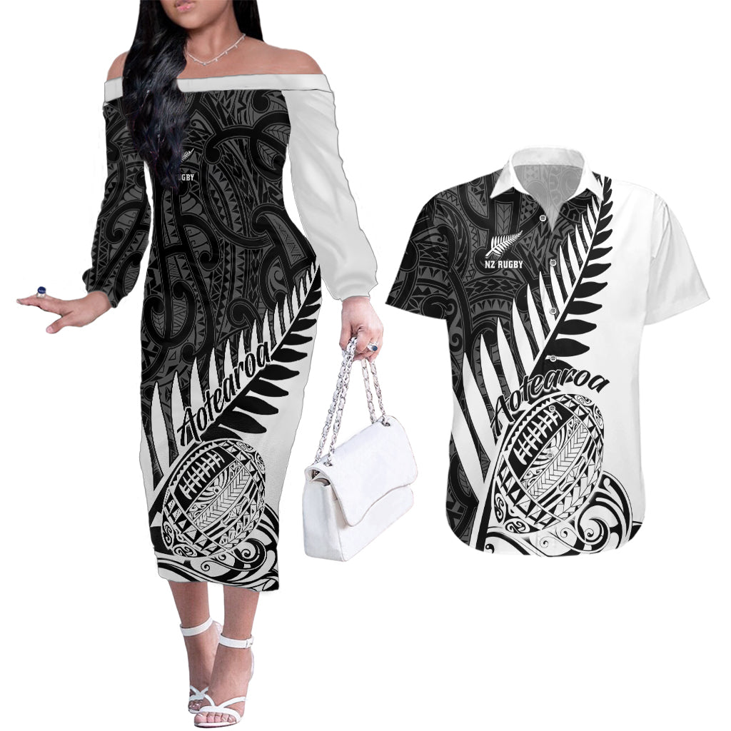 Custom New Zealand Silver Fern Rugby Couples Matching Off The Shoulder Long Sleeve Dress and Hawaiian Shirt Aotearoa Maori White Version LT01 White - Polynesian Pride