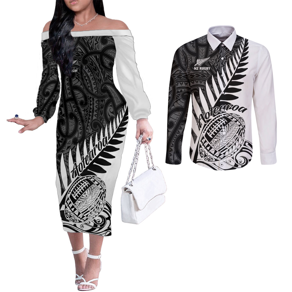 Custom New Zealand Silver Fern Rugby Couples Matching Off The Shoulder Long Sleeve Dress and Long Sleeve Button Shirts Aotearoa Maori White Version LT01 White - Polynesian Pride