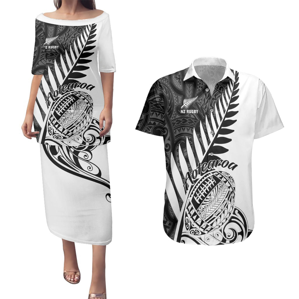 Custom New Zealand Silver Fern Rugby Couples Matching Puletasi Dress and Hawaiian Shirt Aotearoa Maori White Version LT01 White - Polynesian Pride